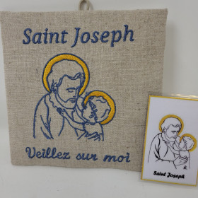 Cadre religieux en lin brodé d'un Saint Joseph et carte prière