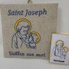 Cadre religieux en lin brodé d'un Saint Joseph et carte prière