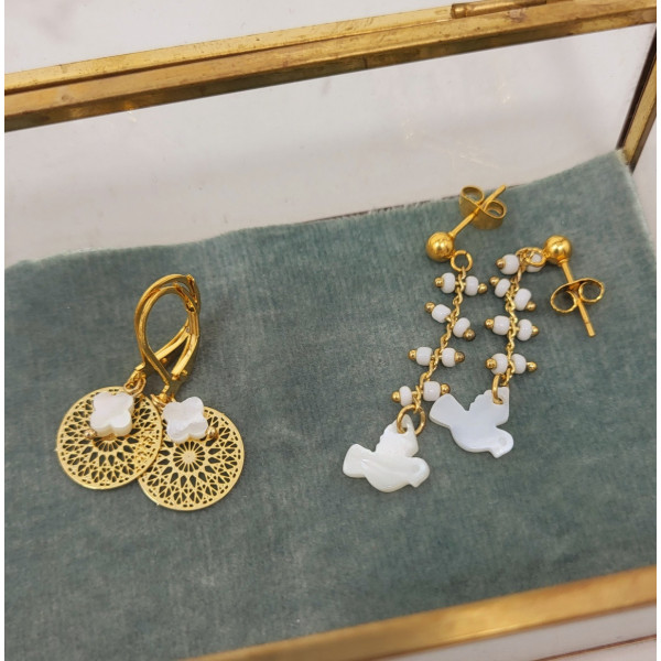 Boucles d’oreilles religieuses Notre-Dame de Paris - Croix en nacre